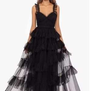 Betsy & Adam Mesh Tiered Ruffle Sleeveless Gown